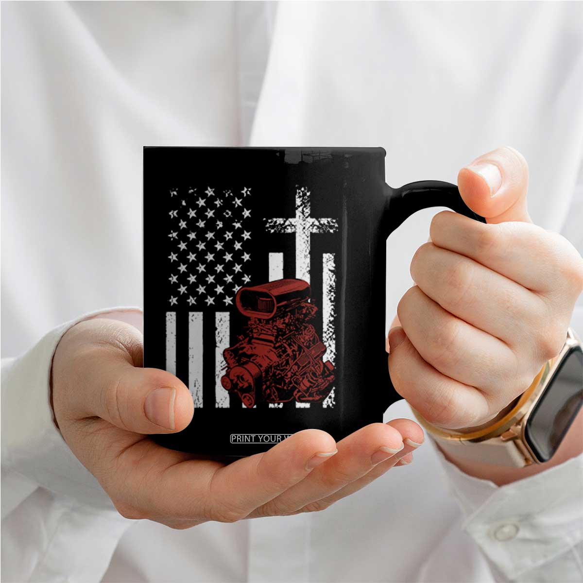 Classic Big Block Blower Coffee Mug Patriotic Racing Engine American Flag Christian Cross TS14 Print Your Wear