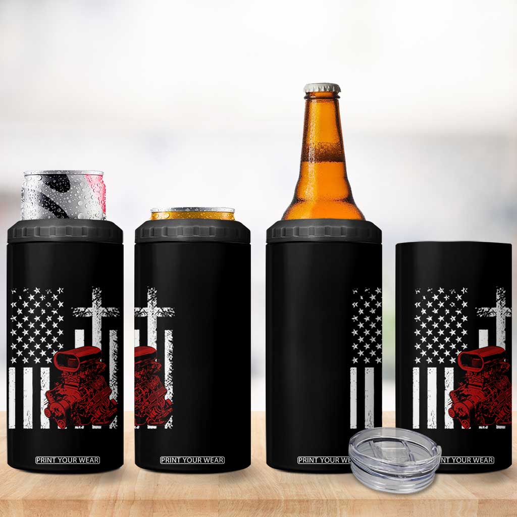 Classic Big Block Blower 4 in 1 Can Cooler Tumbler Patriotic Racing Engine American Flag Christian Cross TS14 Print Your Wear