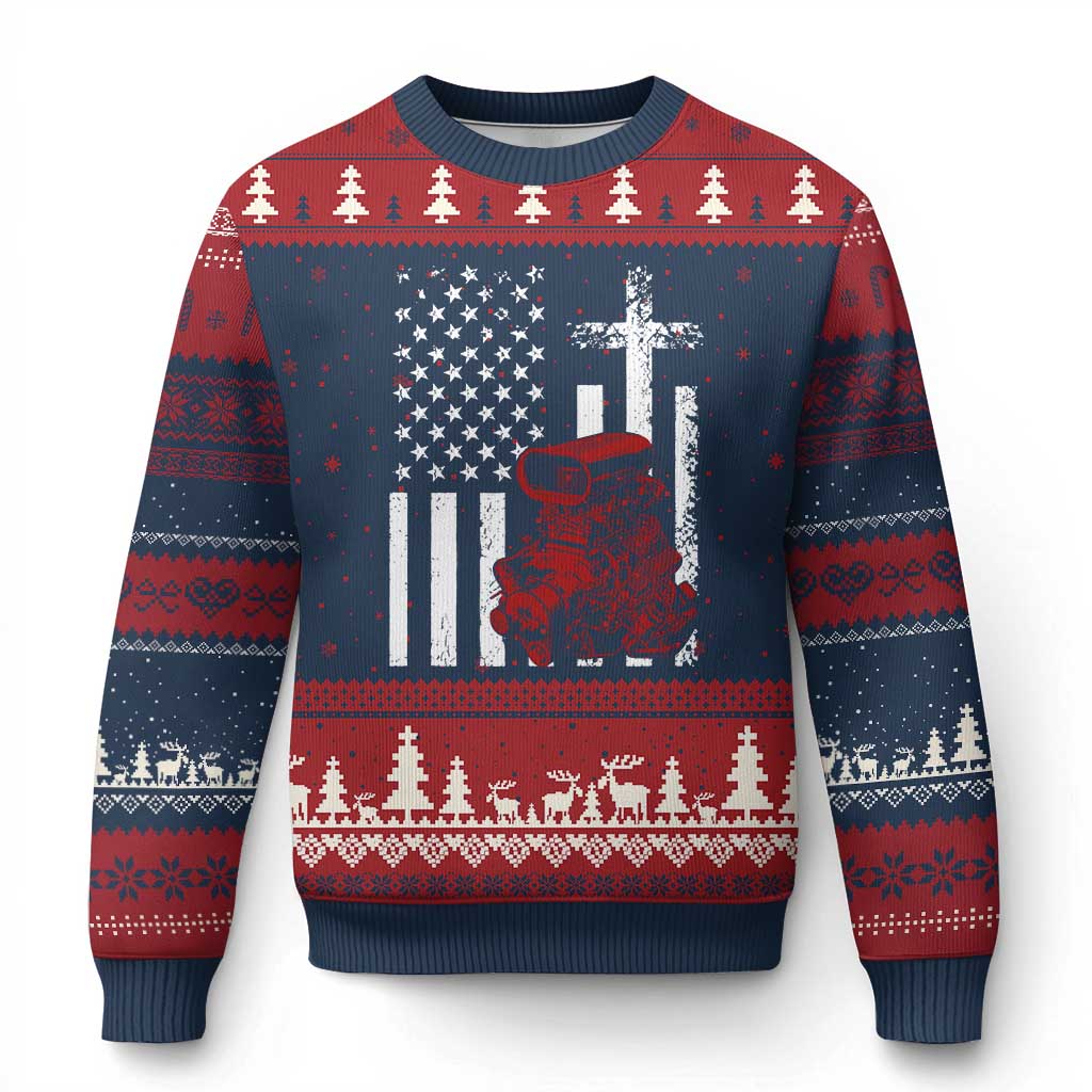 Classic Big Block Blower Ugly Christmas Sweater Patriotic Racing Engine American Flag Christian Cross TS14 Navy Red Print Your Wear