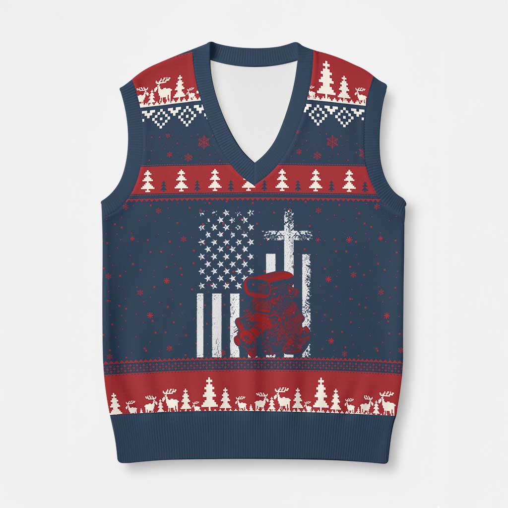 Classic Big Block Blower V-Neck Knit Sweater Vest Patriotic Racing Engine American Flag Christian Cross