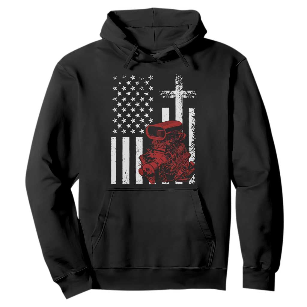 Classic Big Block Blower Hoodie Patriotic Racing Engine American Flag Christian Cross