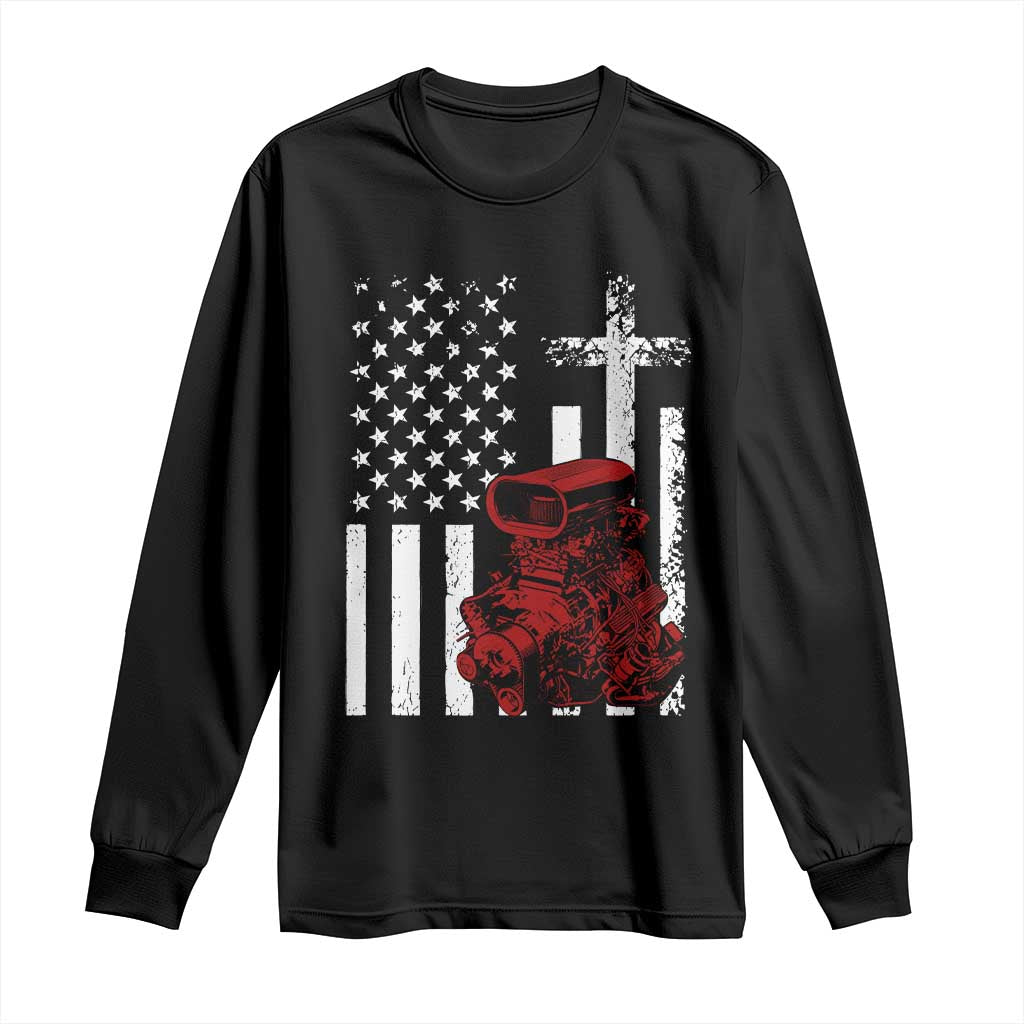 Classic Big Block Blower Long Sleeve Shirt Patriotic Racing Engine American Flag Christian Cross