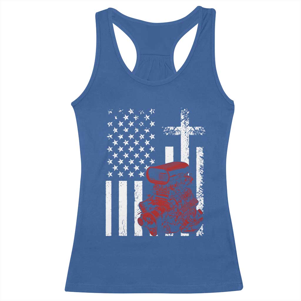 Classic Big Block Blower Racerback Tank Top Patriotic Racing Engine American Flag Christian Cross