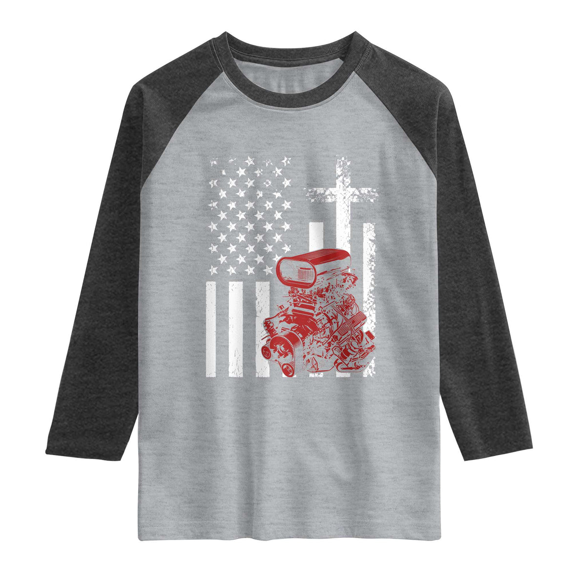 Classic Big Block Blower Raglan Shirt Patriotic Racing Engine American Flag Christian Cross