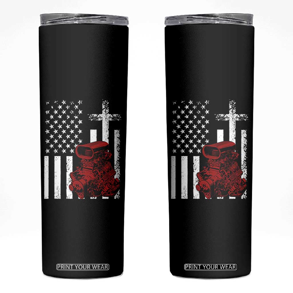Classic Big Block Blower Skinny Tumbler Patriotic Racing Engine American Flag Christian Cross TS14 Black Print Your Wear