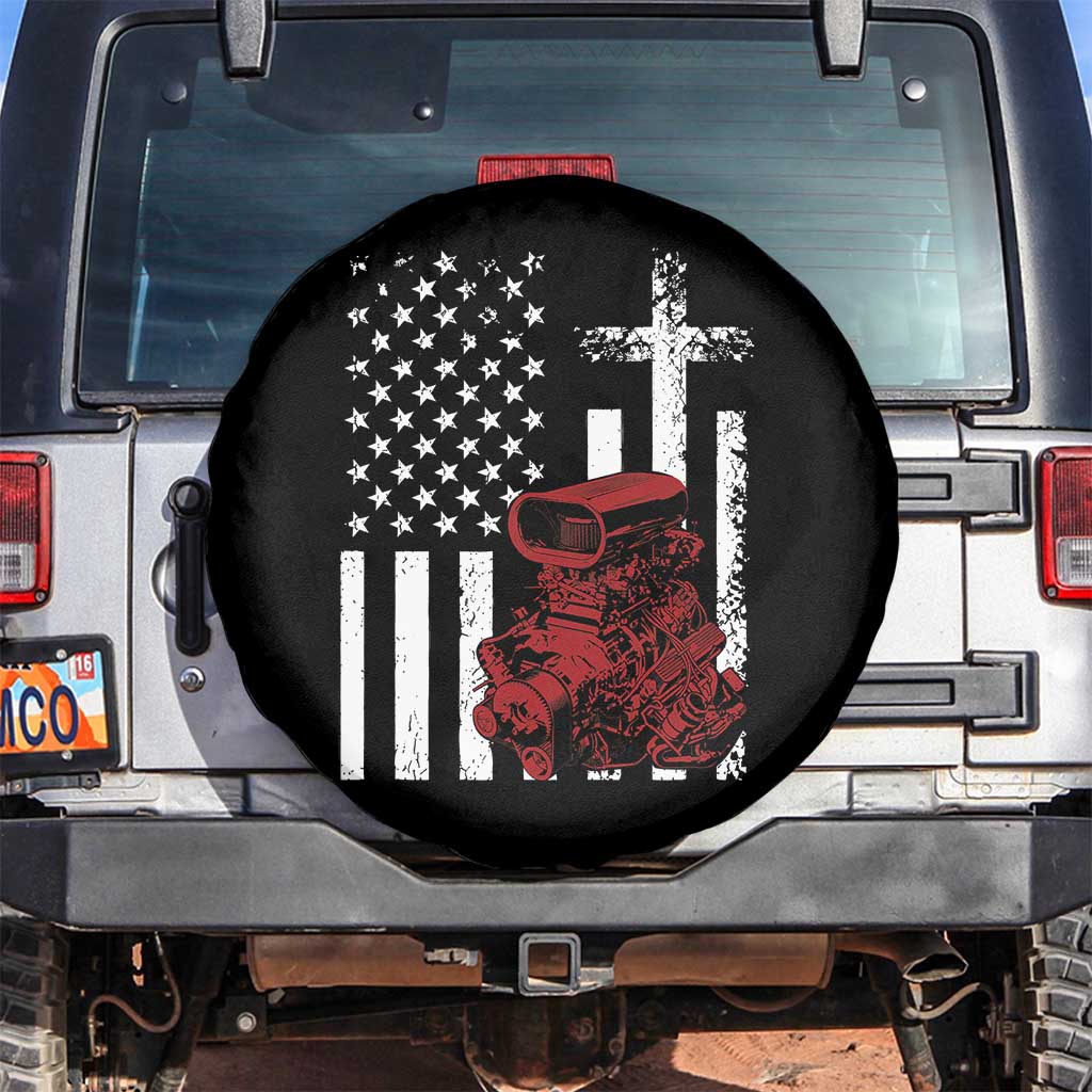 Classic Big Block Blower Spare Tire Cover Patriotic Racing Engine American Flag Christian Cross TS14 No hole Black Print Your Wear