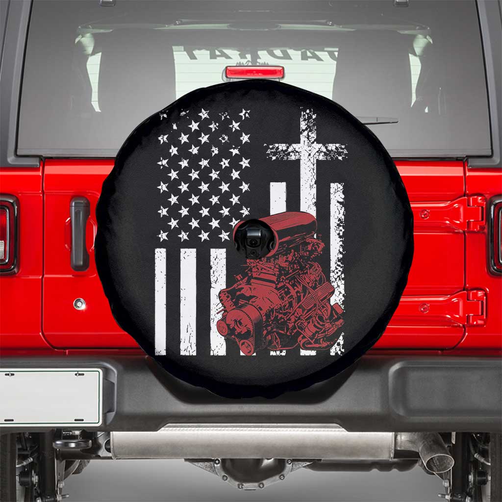 Classic Big Block Blower Spare Tire Cover Patriotic Racing Engine American Flag Christian Cross TS14 Black Print Your Wear