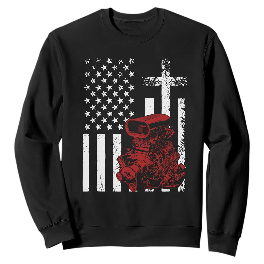 Classic Big Block Blower Sweatshirt Patriotic Racing Engine American Flag Christian Cross