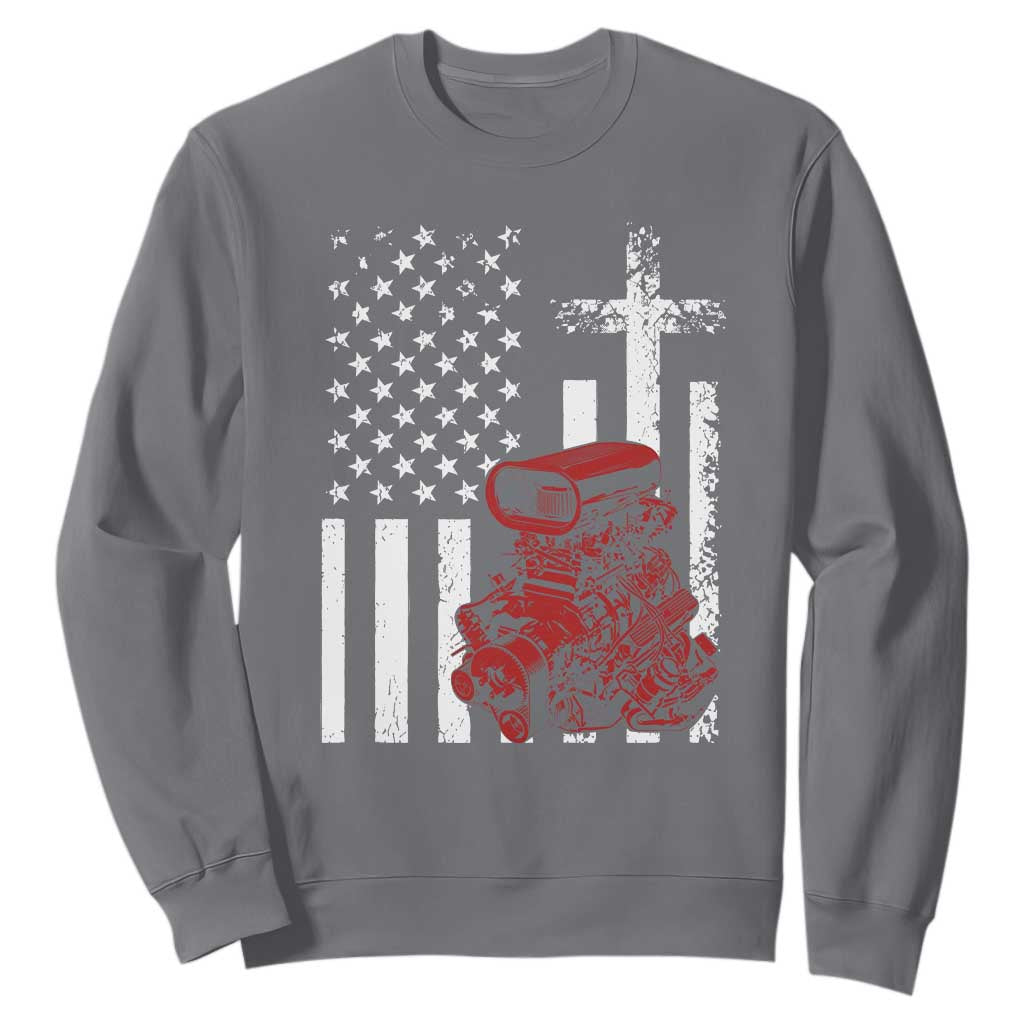 Classic Big Block Blower Sweatshirt Patriotic Racing Engine American Flag Christian Cross