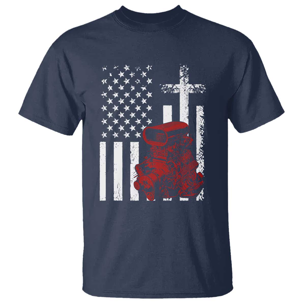 Classic Big Block Blower T Shirt Patriotic Racing Engine American Flag Christian Cross