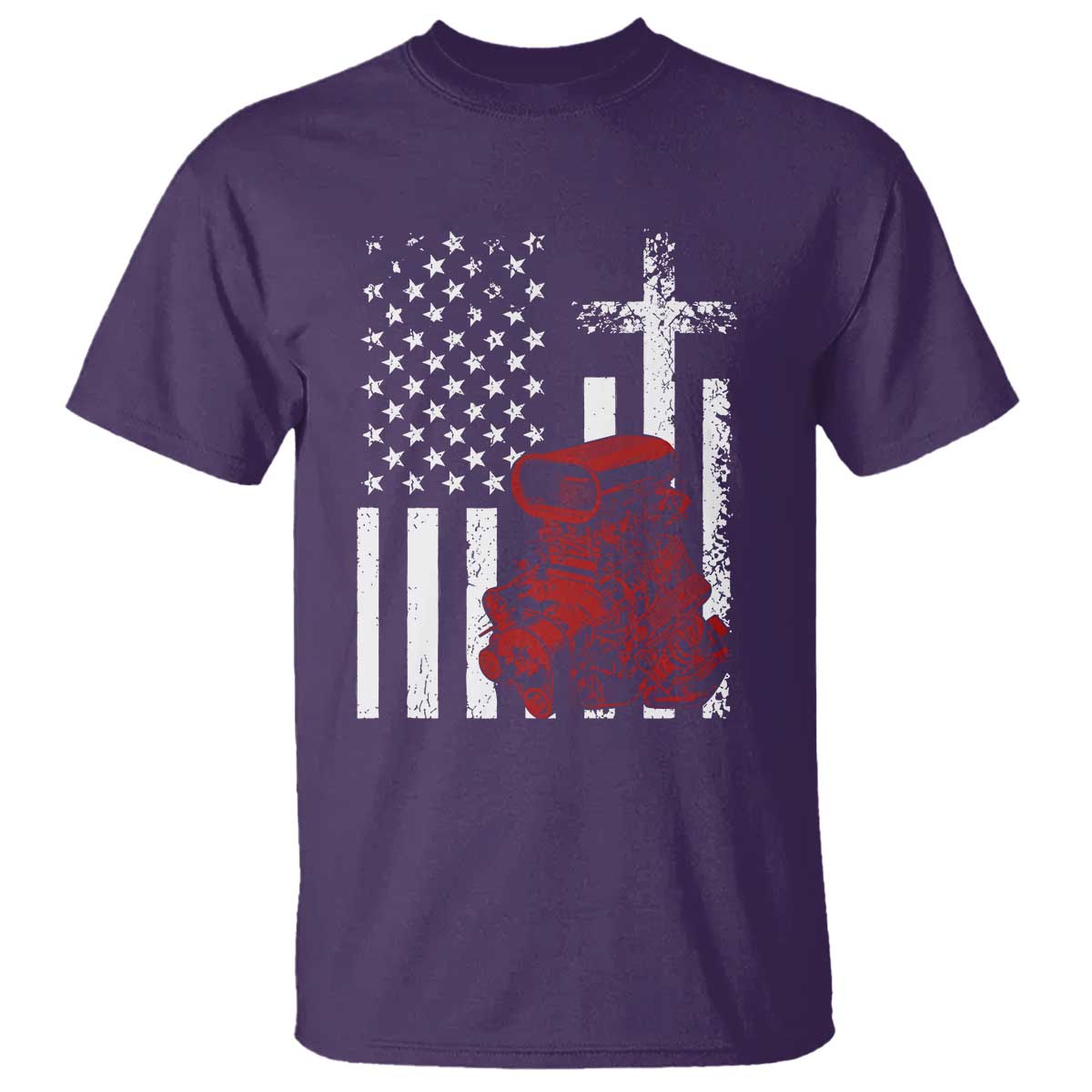 Classic Big Block Blower T Shirt Patriotic Racing Engine American Flag Christian Cross
