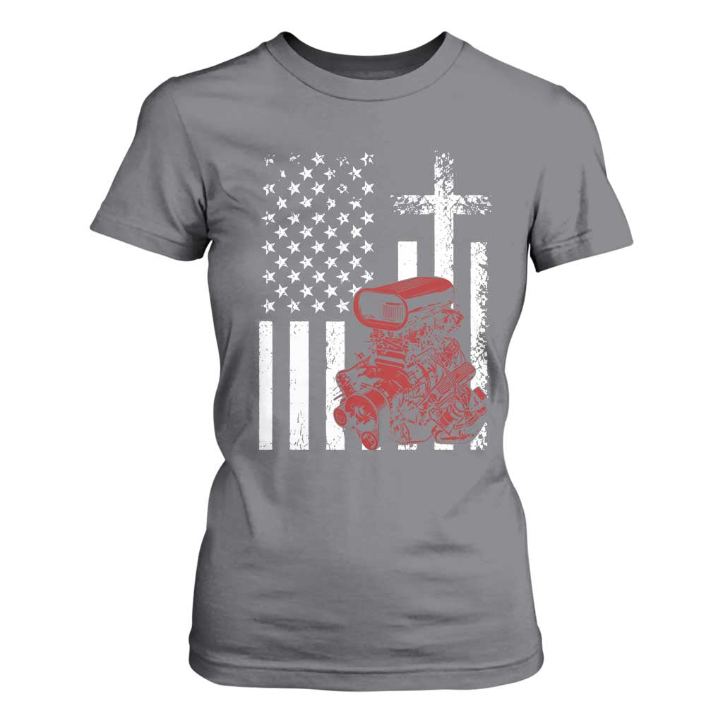 Classic Big Block Blower T Shirt For Women Patriotic Racing Engine American Flag Christian Cross