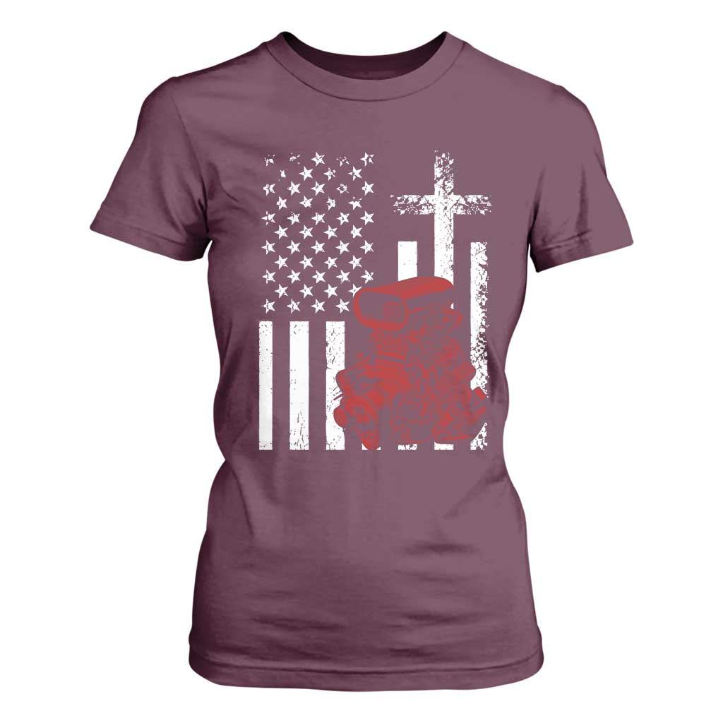 Classic Big Block Blower T Shirt For Women Patriotic Racing Engine American Flag Christian Cross