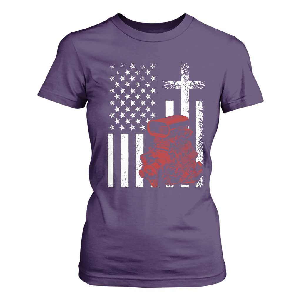 Classic Big Block Blower T Shirt For Women Patriotic Racing Engine American Flag Christian Cross
