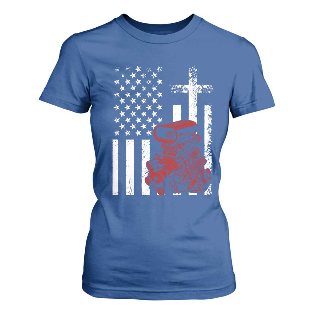 Classic Big Block Blower T Shirt For Women Patriotic Racing Engine American Flag Christian Cross