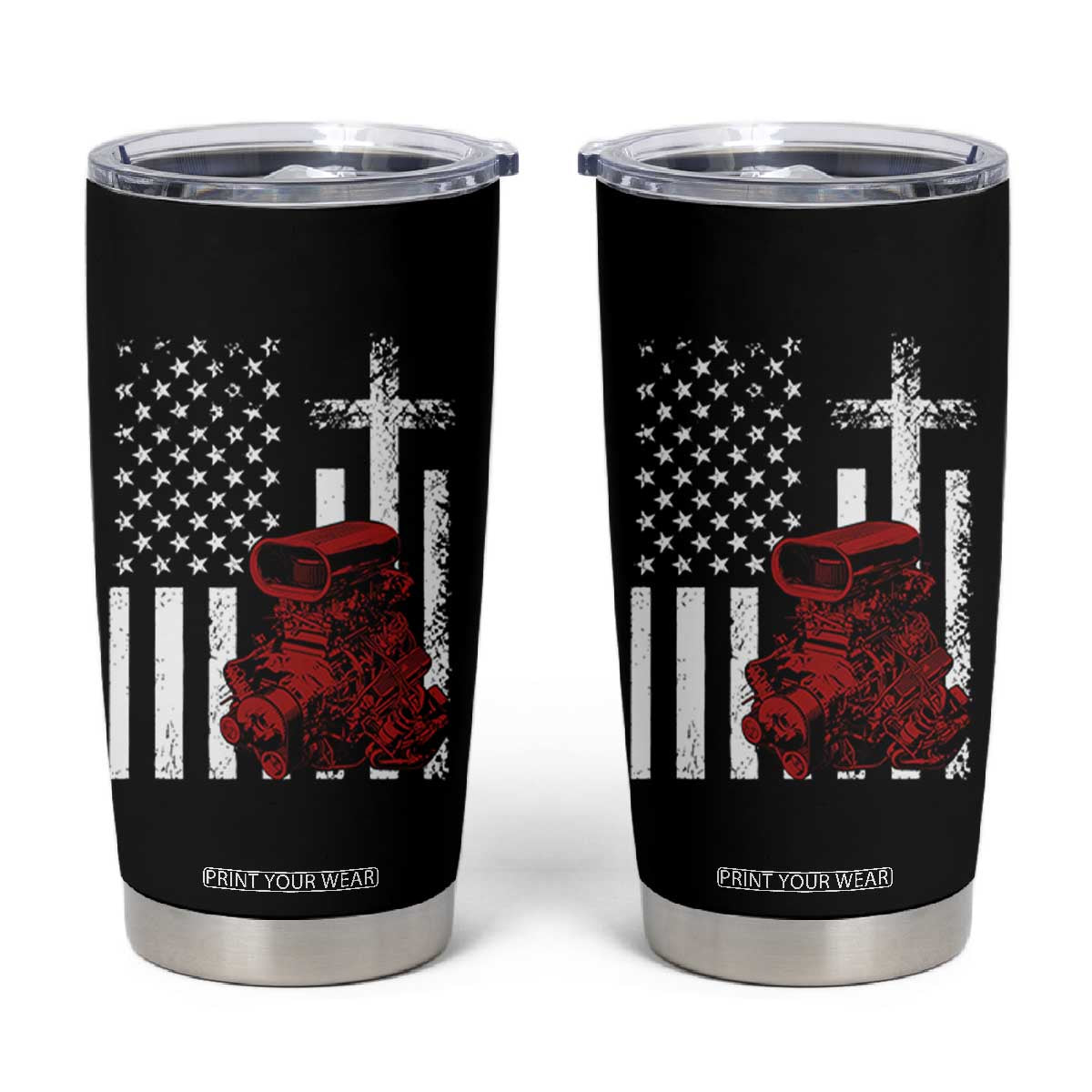 Classic Big Block Blower Tumbler Cup Patriotic Racing Engine American Flag Christian Cross TS14 Black Print Your Wear
