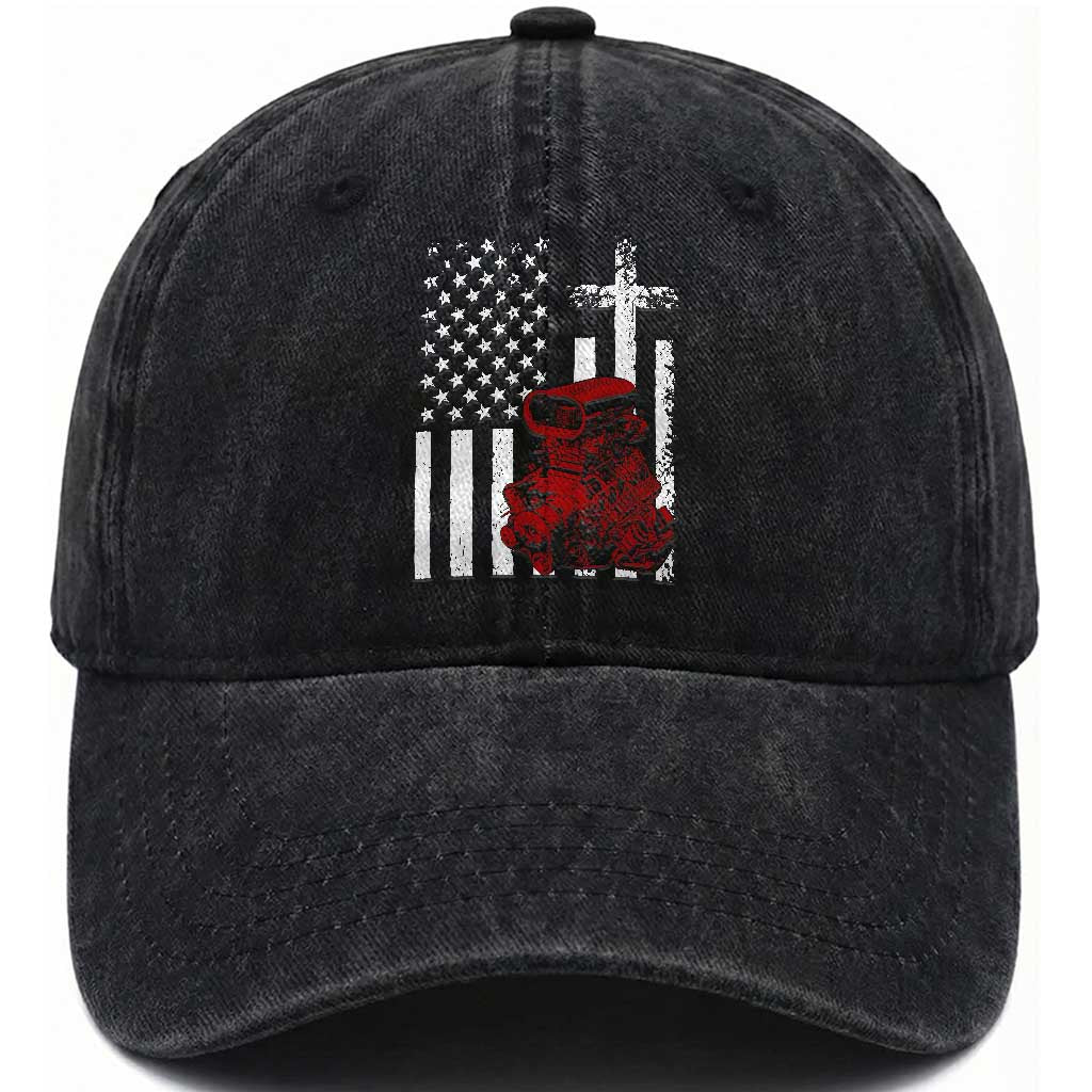 Classic Big Block Blower Washed Cotton Baseball Cap Patriotic Racing Engine American Flag Christian Cross TS14 Print Your Wear