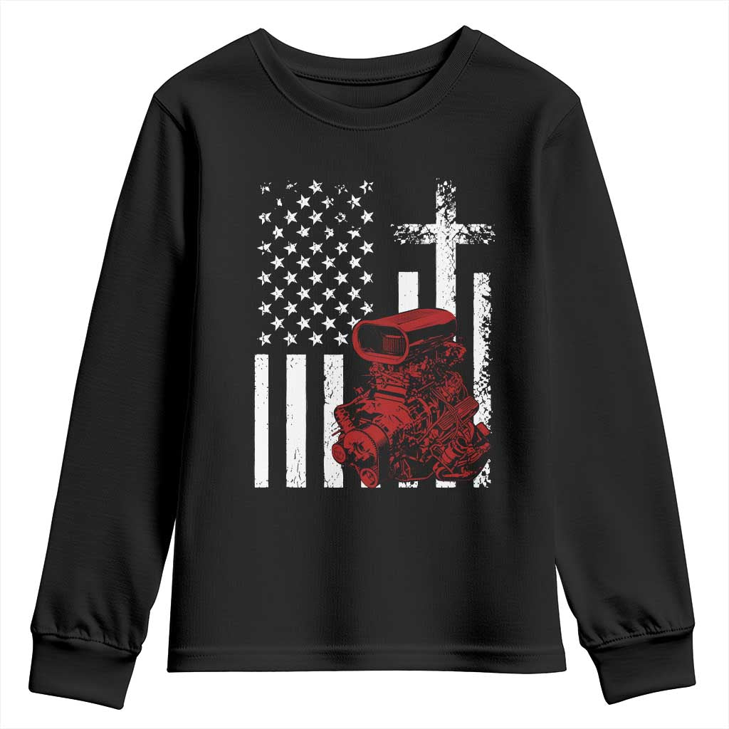 Classic Big Block Blower Youth Sweatshirt Patriotic Racing Engine American Flag Christian Cross