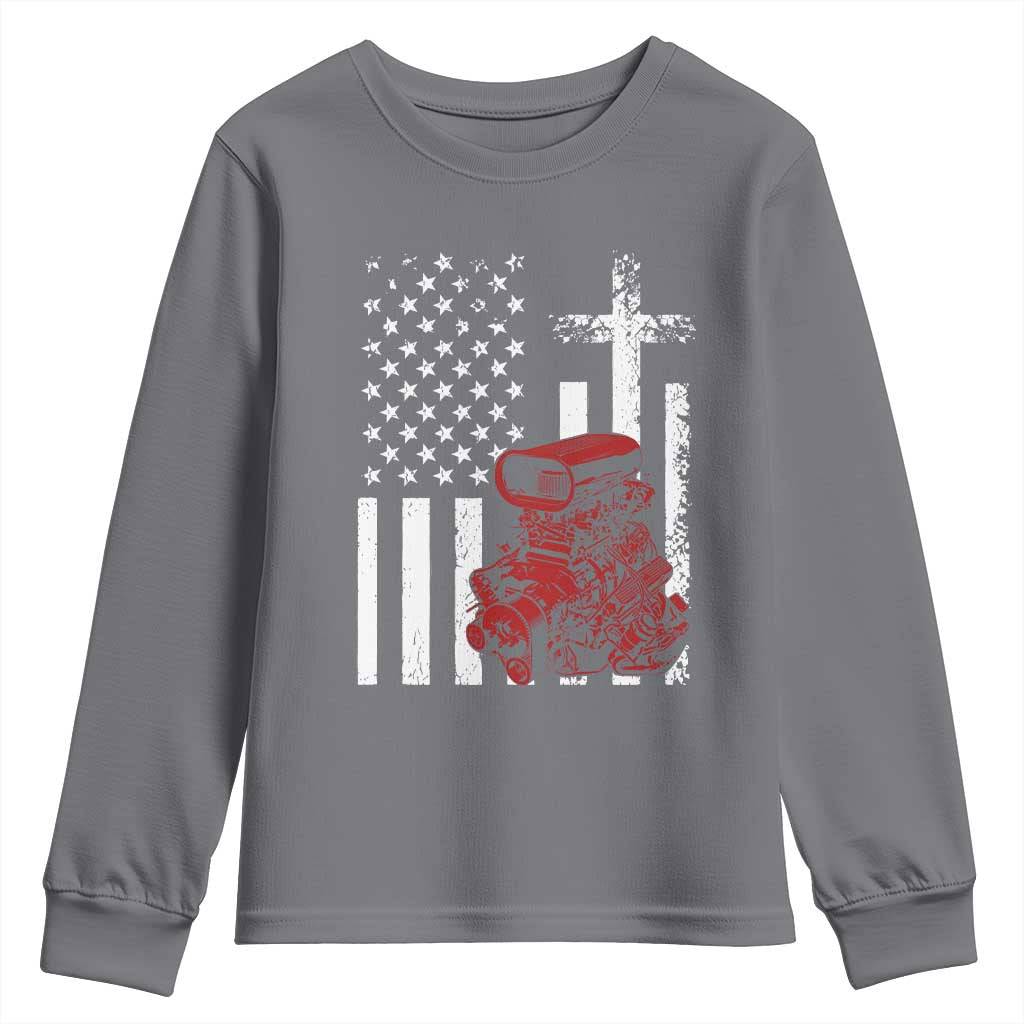 Classic Big Block Blower Youth Sweatshirt Patriotic Racing Engine American Flag Christian Cross