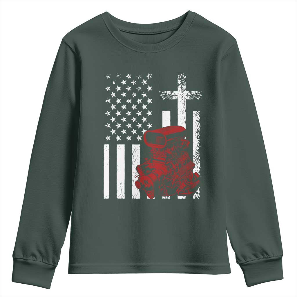 Classic Big Block Blower Youth Sweatshirt Patriotic Racing Engine American Flag Christian Cross
