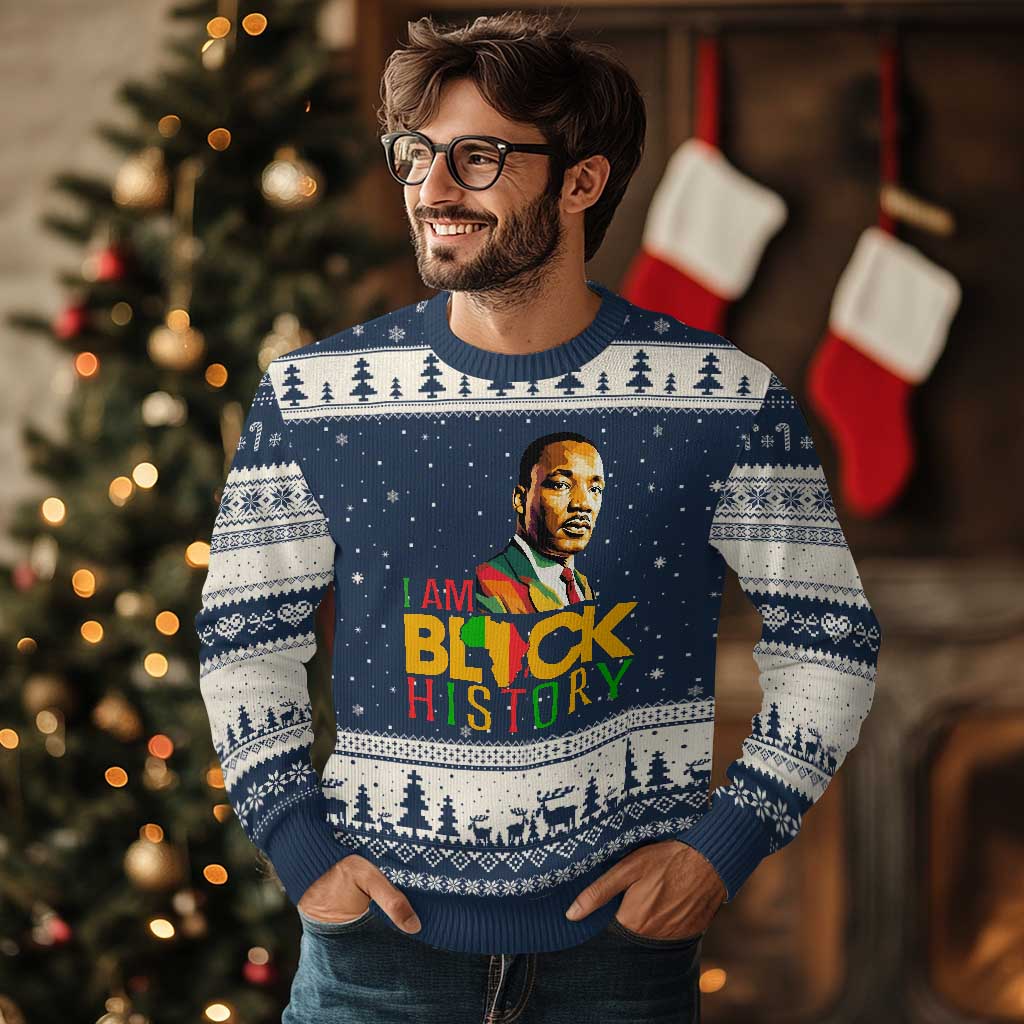 I Am Black History Ugly Christmas Sweater Martin Luther Jr King African American Pride TS14 Navy Beige Print Your Wear