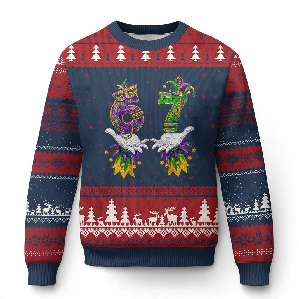 67 Mardi Gras Meme Ugly Christmas Sweater Funny Six Seven Hand Carnival Trendy TS14 Navy Red Print Your Wear
