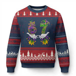 67 Mardi Gras Meme Ugly Christmas Sweater Funny Six Seven Hand Carnival Trendy TS14 Navy Red Print Your Wear