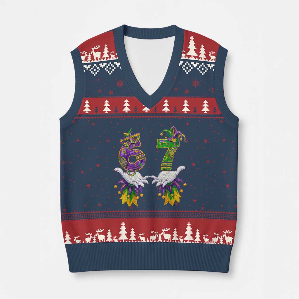 67 Mardi Gras Meme V-Neck Knit Sweater Vest Funny Six Seven Hand Carnival Trendy TS14 Navy Red Print Your Wear