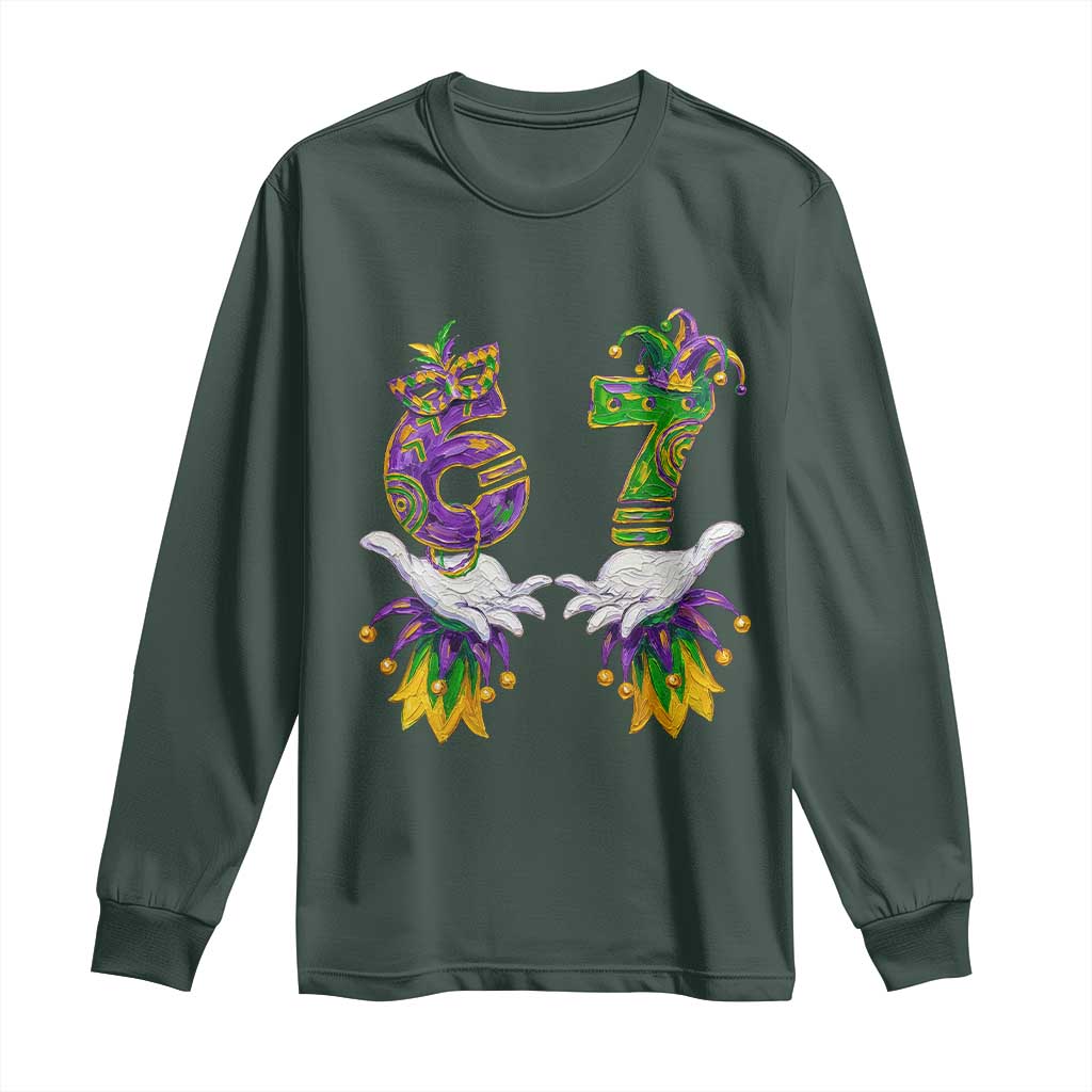 67 Mardi Gras Meme Long Sleeve Shirt Funny Six Seven Hand Carnival Trendy TS14 Dark Forest Green Print Your Wear