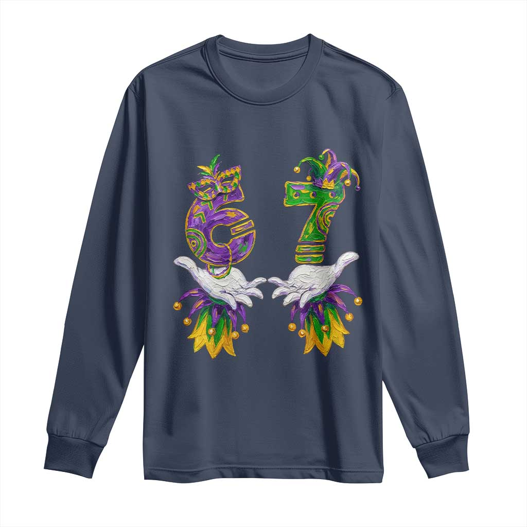 67 Mardi Gras Meme Long Sleeve Shirt Funny Six Seven Hand Carnival Trendy TS14 Navy Print Your Wear