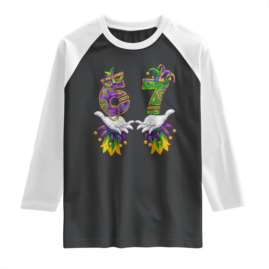 67 Mardi Gras Meme Raglan Shirt Funny Six Seven Hand Carnival Trendy TS14 Black White Print Your Wear