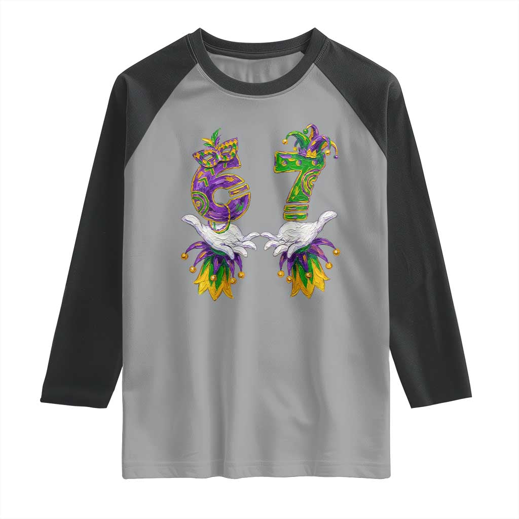 67 Mardi Gras Meme Raglan Shirt Funny Six Seven Hand Carnival Trendy TS14 Sport Gray Black Print Your Wear