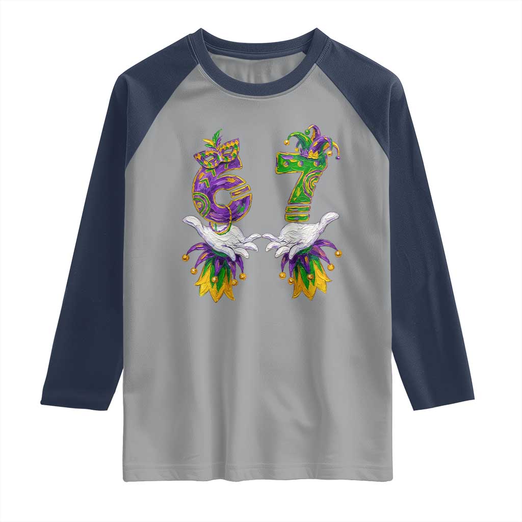 67 Mardi Gras Meme Raglan Shirt Funny Six Seven Hand Carnival Trendy TS14 Sport Gray Navy Print Your Wear