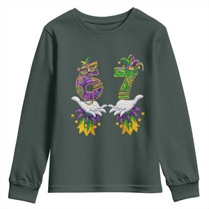 67 Mardi Gras Meme Youth Sweatshirt Funny Six Seven Hand Carnival Trendy TS14 Dark Forest Green Print Your Wear
