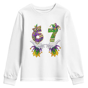 67 Mardi Gras Meme Youth Sweatshirt Funny Six Seven Hand Carnival Trendy TS14 White Print Your Wear