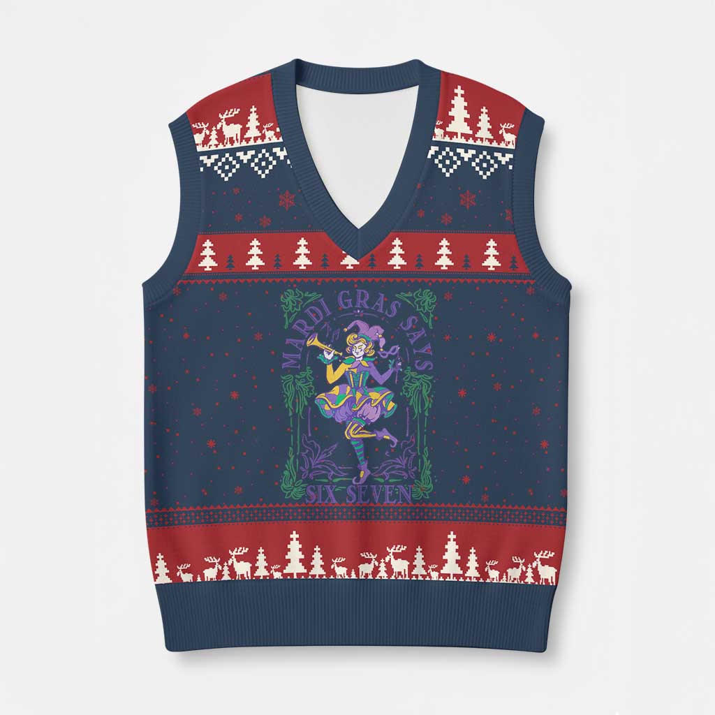 67 Mardi Gras V-Neck Knit Sweater Vest Funny Six Seven Carnival Trendy TS14 Navy Red Print Your Wear