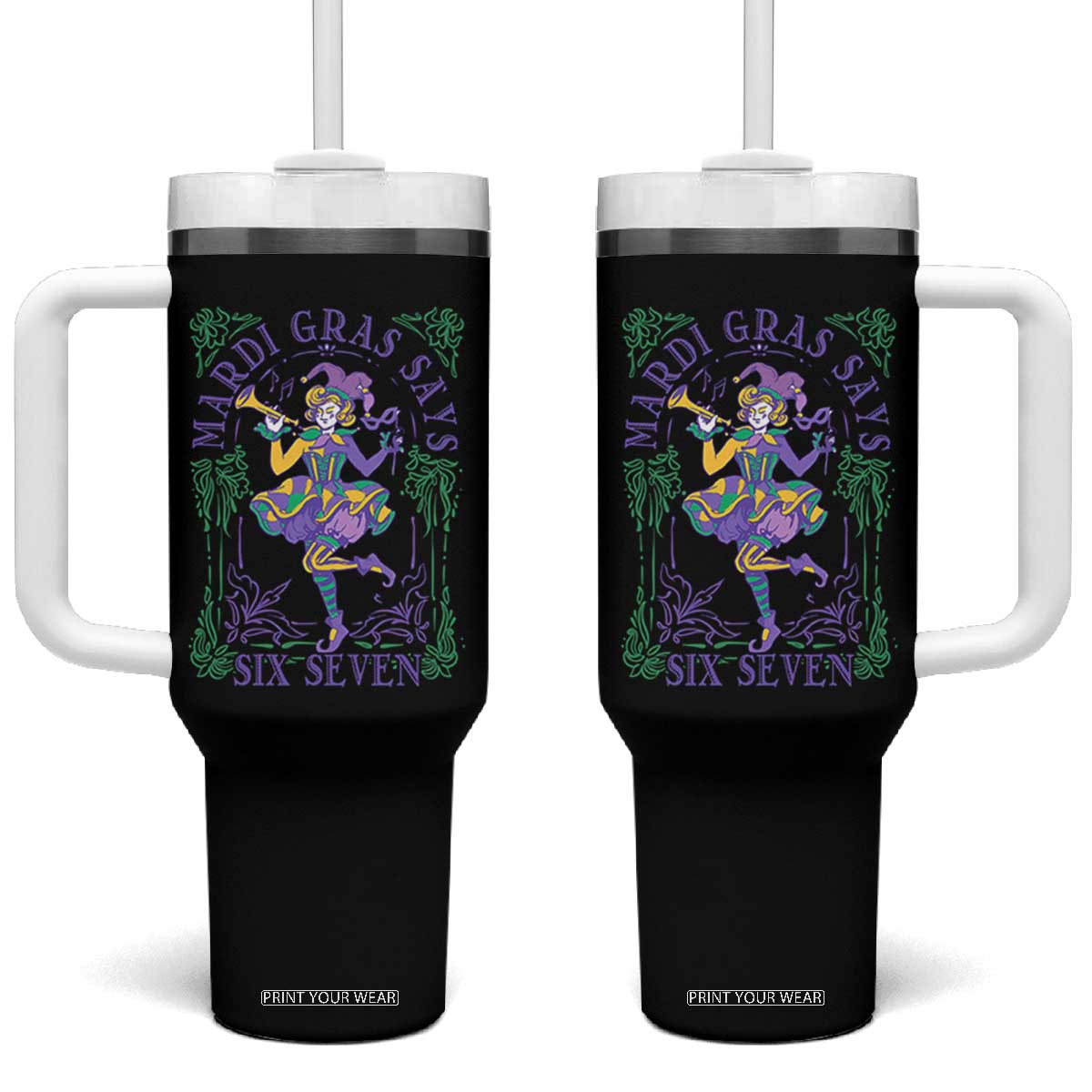 67 Mardi Gras Tumbler With Handle Funny Six Seven Carnival Trendy TS14 One Size: 40 oz Black Print Your Wear