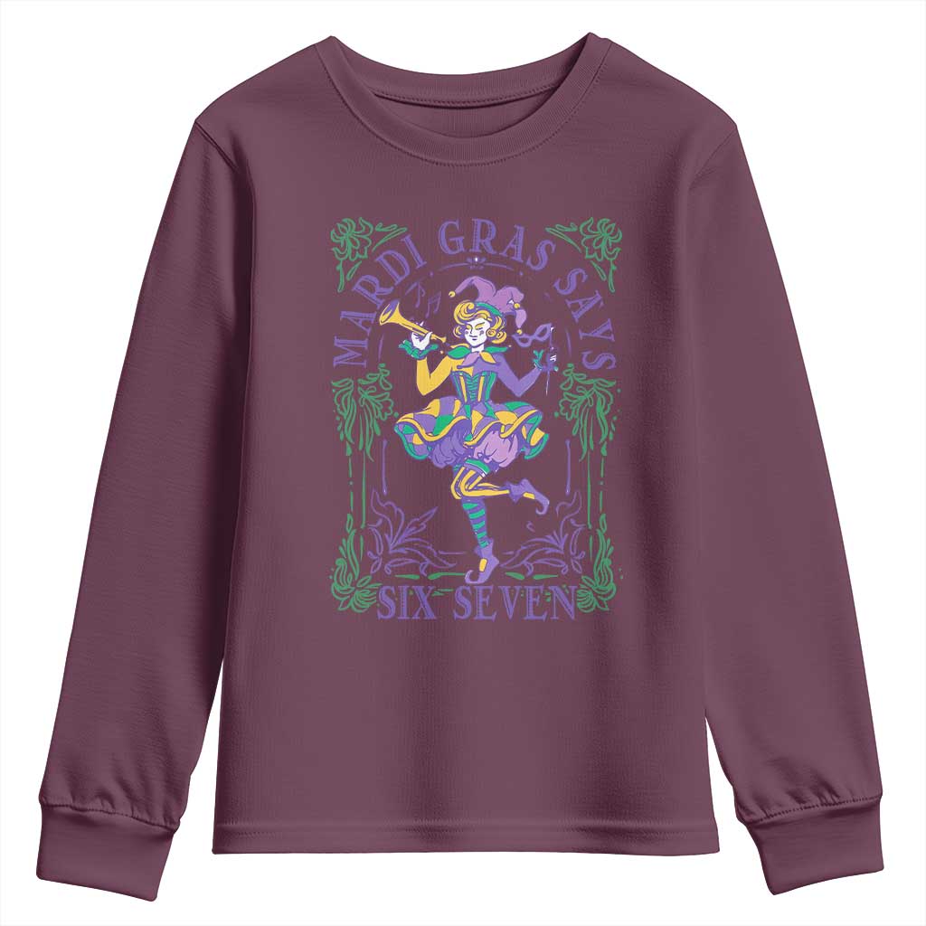 67 Mardi Gras Youth Sweatshirt Funny Six Seven Carnival Trendy TS14 Maroon Print Your Wear