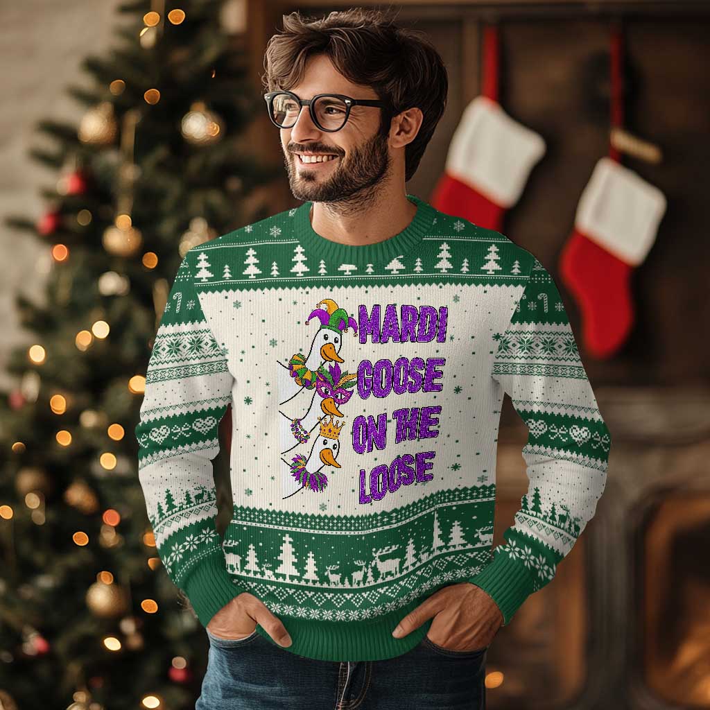 Funny Mardi Gras Ugly Christmas Sweater Louisiana Carnival Silly Goose Festival TS14 Beige Green Print Your Wear