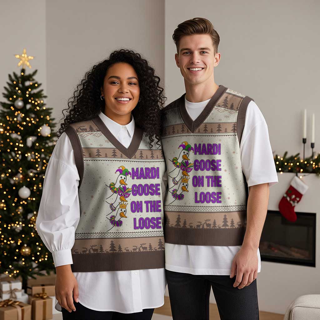 Funny Mardi Gras V-Neck Knit Sweater Vest Louisiana Carnival Silly Goose Festival TS14 Mocha Mousse Print Your Wear