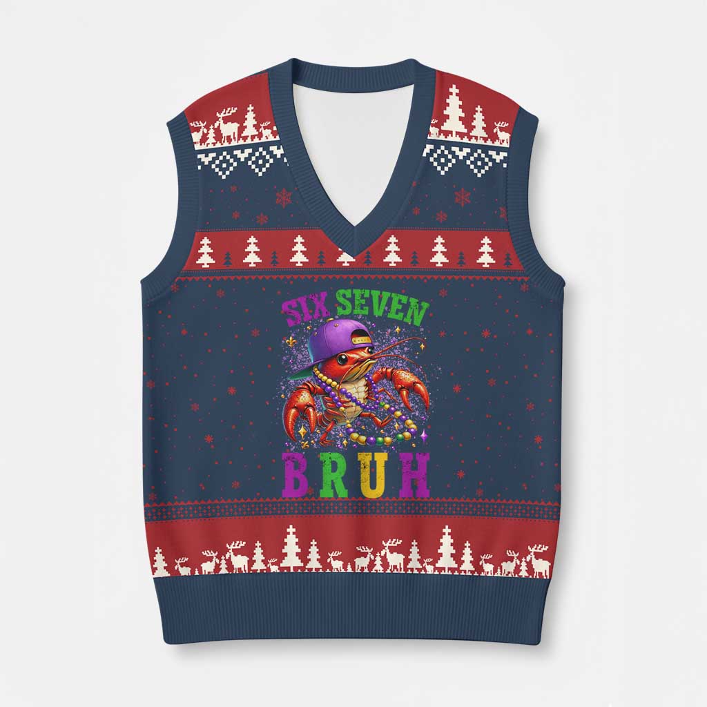 67 Mardi Gras V-Neck Knit Sweater Vest Funny Crawfish Six Seven Bruh Meme TS14 Navy Red Print Your Wear