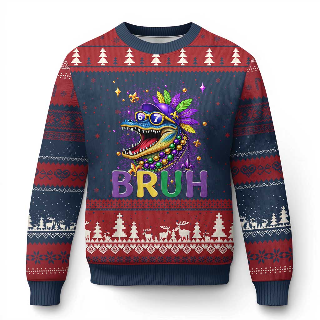 67 Mardi Gras Ugly Christmas Sweater Funny Alligator Six Seven Bruh Meme TS14 Navy Red Print Your Wear