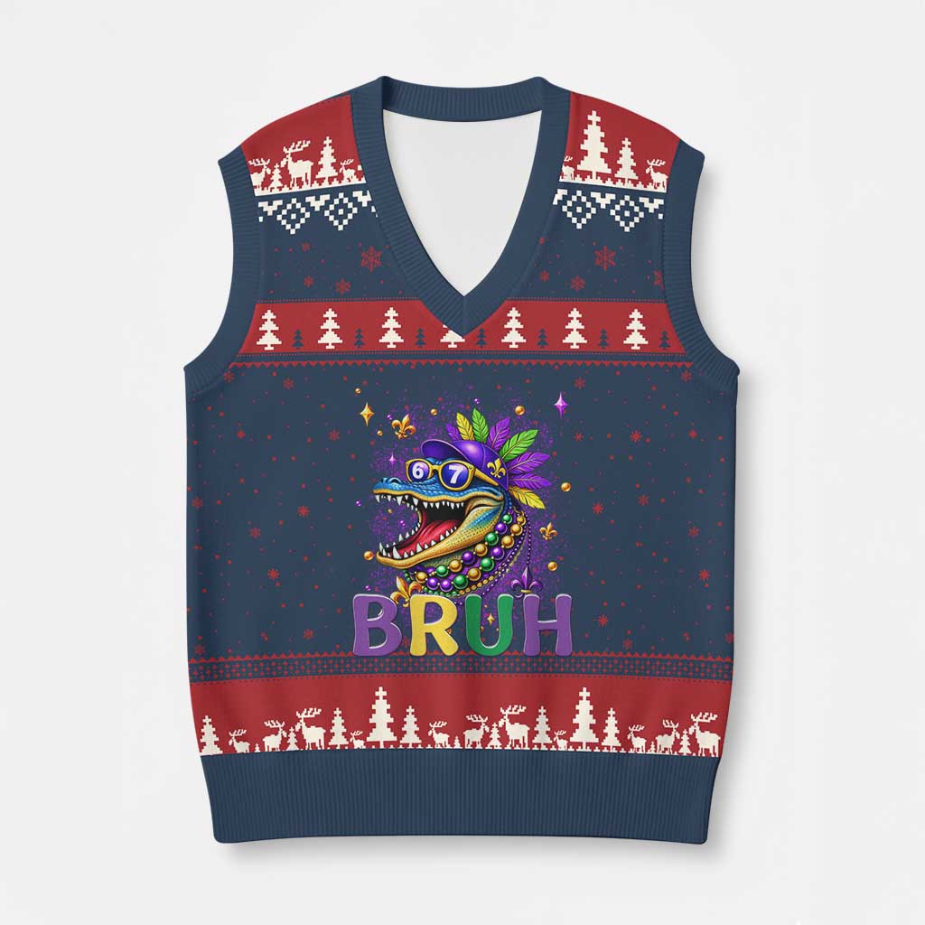 67 Mardi Gras V-Neck Knit Sweater Vest Funny Alligator Six Seven Bruh Meme TS14 Navy Red Print Your Wear