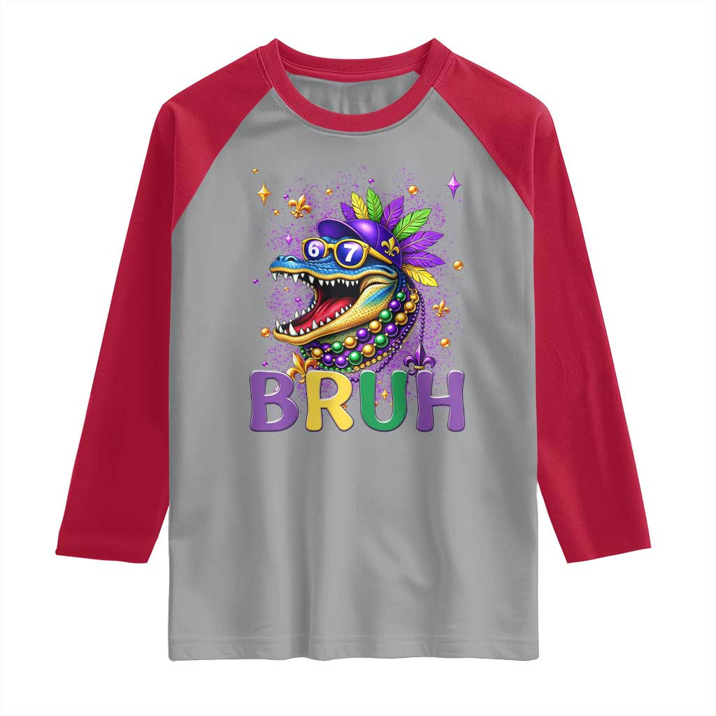 67 Mardi Gras Raglan Shirt Funny Alligator Six Seven Bruh Meme TS14 Sport Gray Red Print Your Wear
