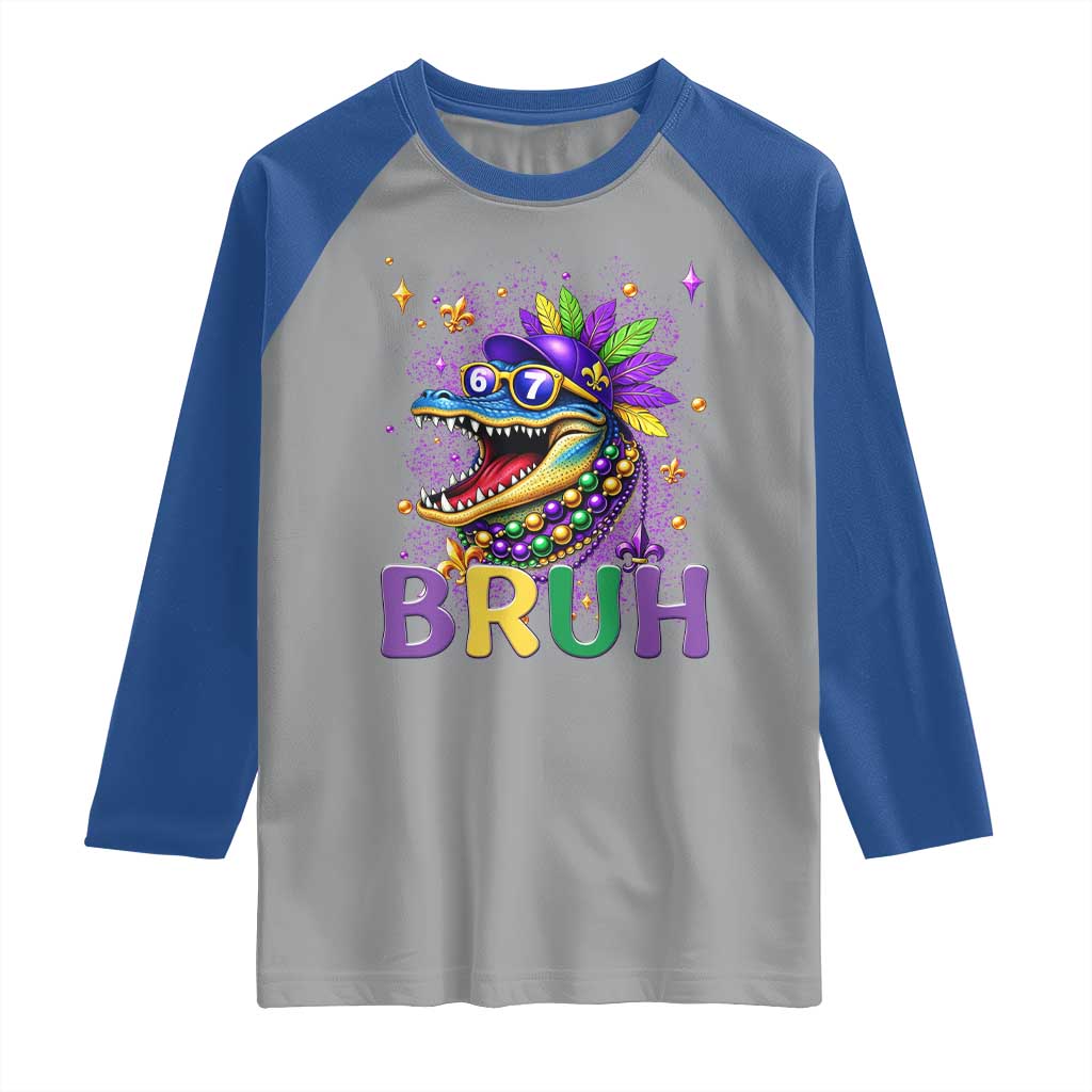 67 Mardi Gras Raglan Shirt Funny Alligator Six Seven Bruh Meme TS14 Sport Gray Royal Print Your Wear