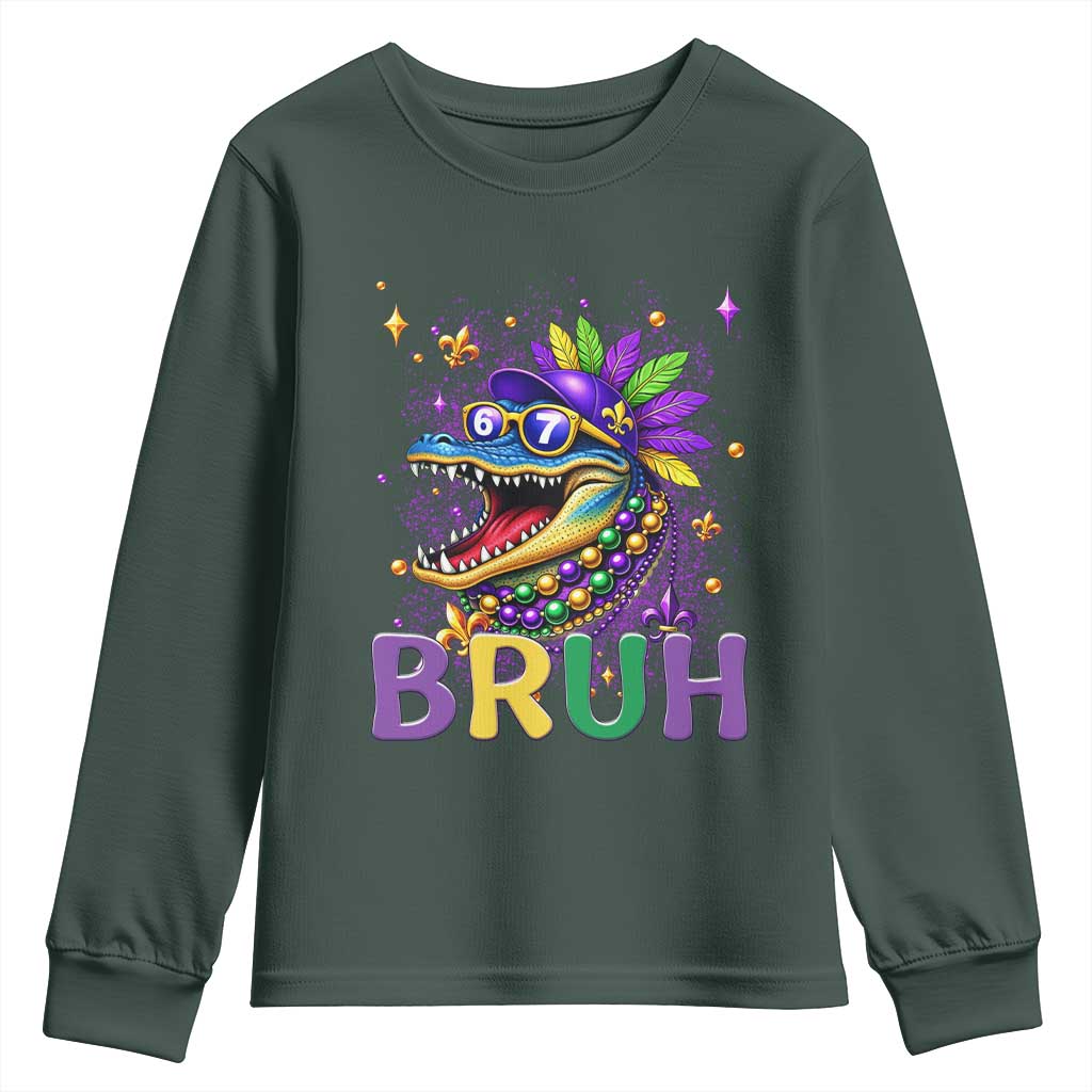 67 Mardi Gras Youth Sweatshirt Funny Alligator Six Seven Bruh Meme TS14 Dark Forest Green Print Your Wear