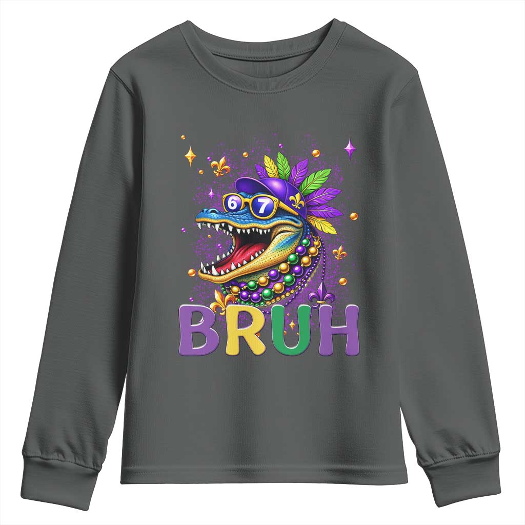 67 Mardi Gras Youth Sweatshirt Funny Alligator Six Seven Bruh Meme TS14 Dark Heather Print Your Wear
