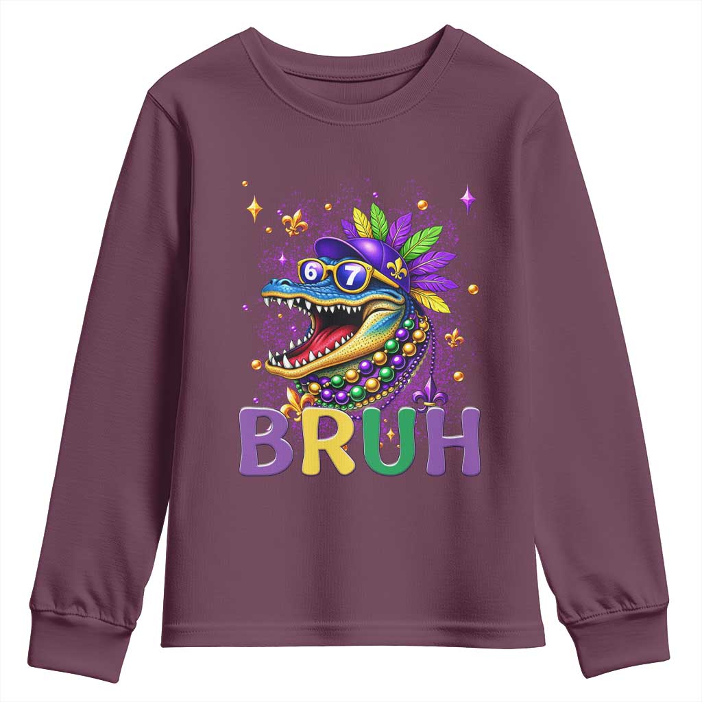67 Mardi Gras Youth Sweatshirt Funny Alligator Six Seven Bruh Meme TS14 Maroon Print Your Wear