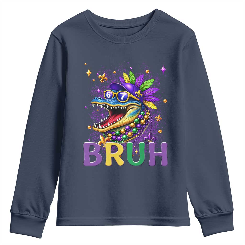 67 Mardi Gras Youth Sweatshirt Funny Alligator Six Seven Bruh Meme TS14 Navy Print Your Wear