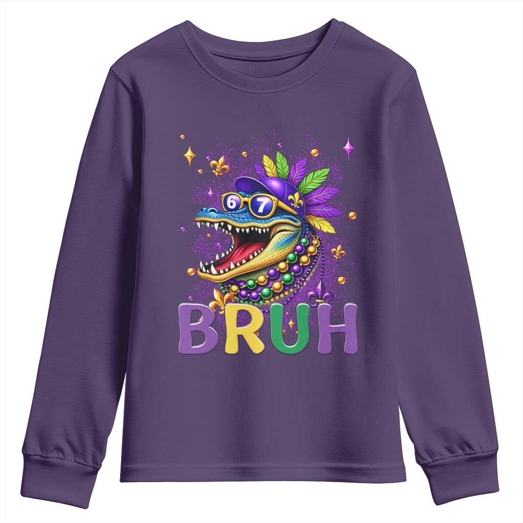 67 Mardi Gras Youth Sweatshirt Funny Alligator Six Seven Bruh Meme TS14 Purple Print Your Wear